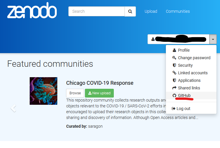Click on the GitHub menu once logged in Zenodo